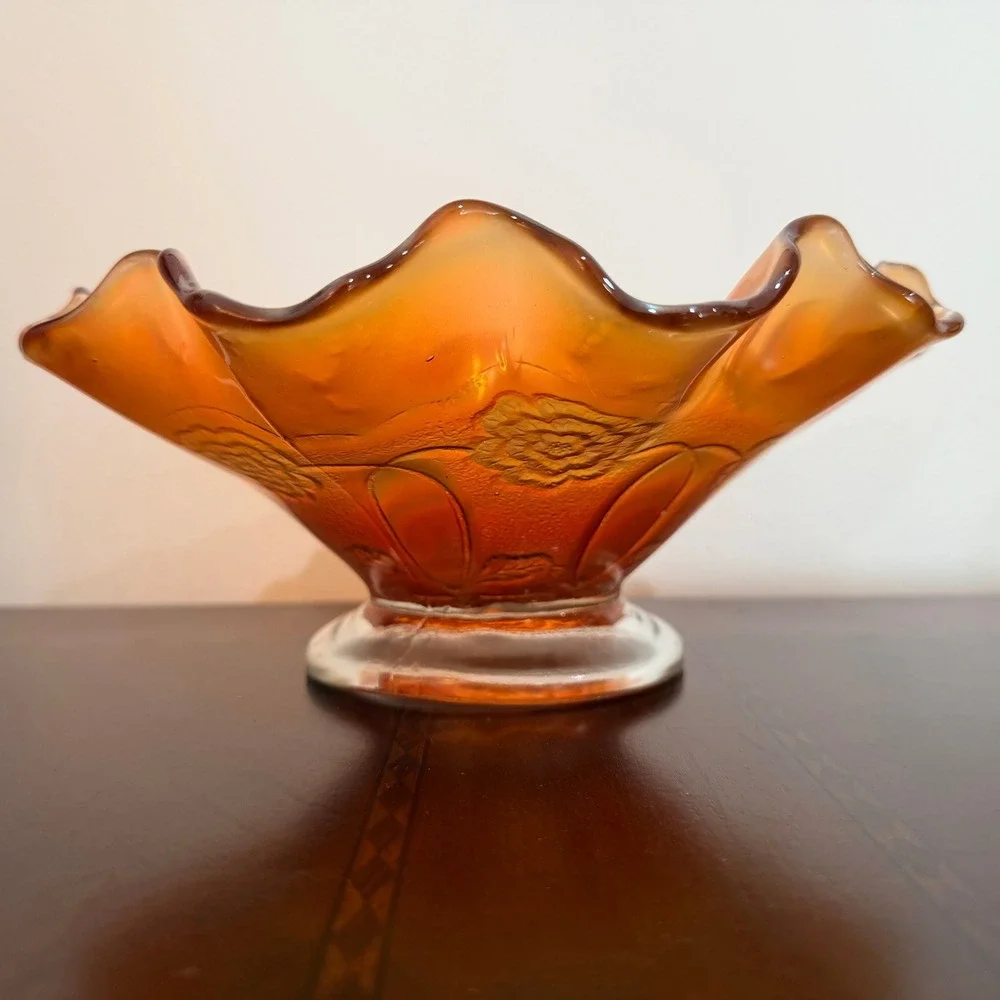 Vintage‎ Dugan Carnival Glass Bowl Marigold Ruffled Pedestal Compote Iridescent